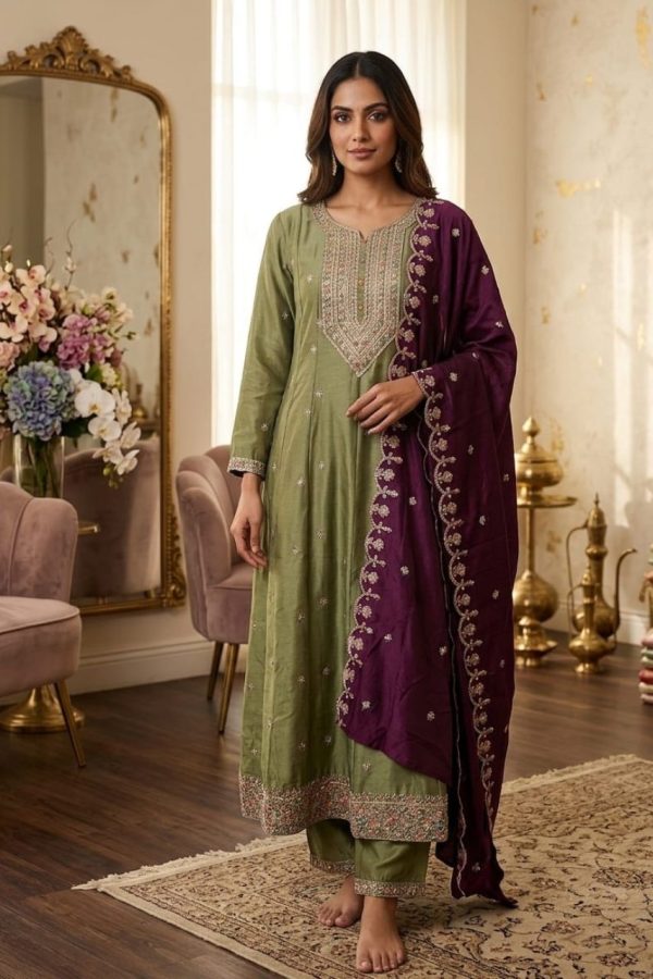 Olive Green Anarkali Suit Set with Dupatta