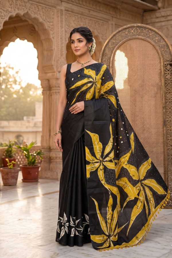 Black Color Khadi Cotton Saree With Floral Print