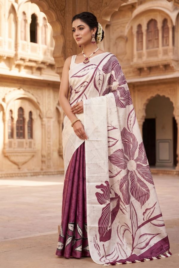 Violet Half And Half Saree With Floral Prints