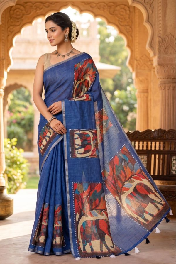 Navy Blue Linen Saree With Elephant Motifs Print