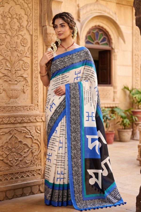 Blue Silk Saree With Digital Print With Finished Tassels