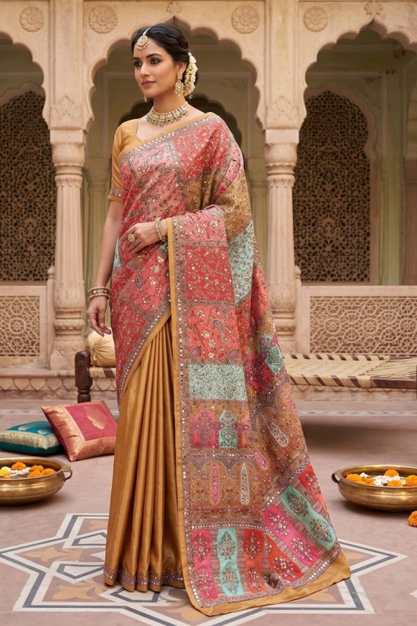 Mustard Yellow With Multicolor Floral Print Saree