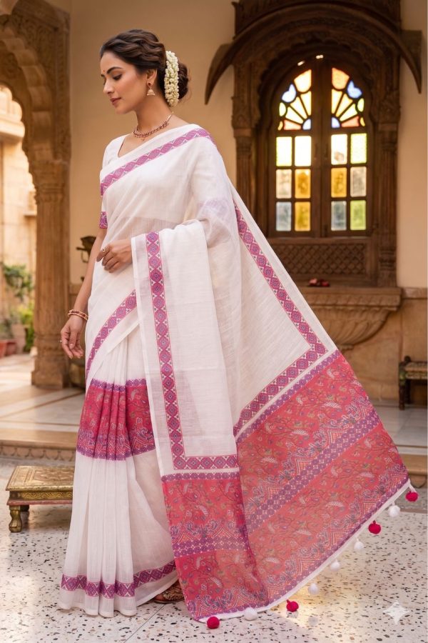 Off White Linen Saree With Kalamkari Style Print