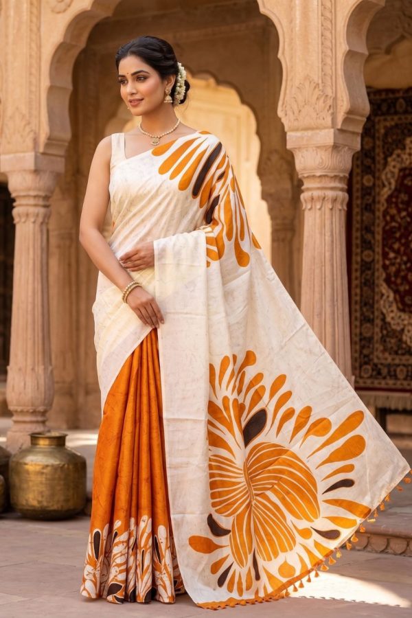 Mustard Yellow Half And Half Saree With Print