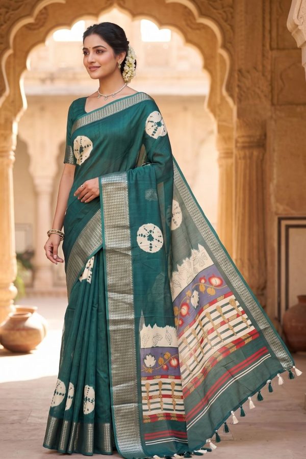 Green Shibori Printed Dola Silk Saree