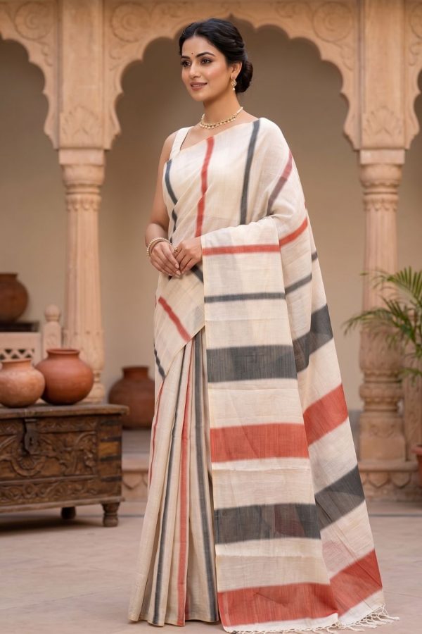 Borderless Dual Shade Striped Tissue Silk Saree