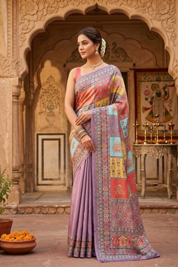 Purple Color Dola Silk Saree With Mirror Work