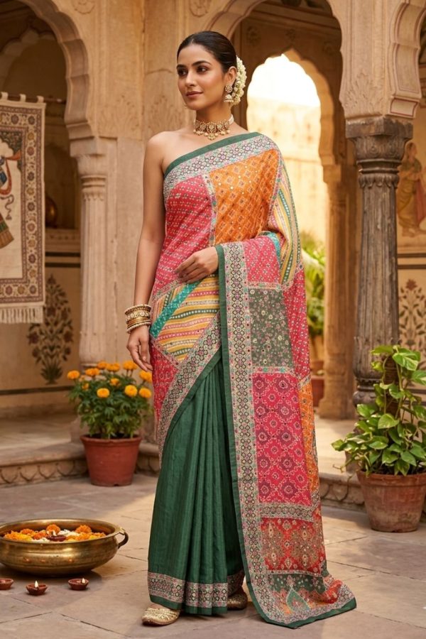 Bottle Green With Multicolor Saree With Mirror Work