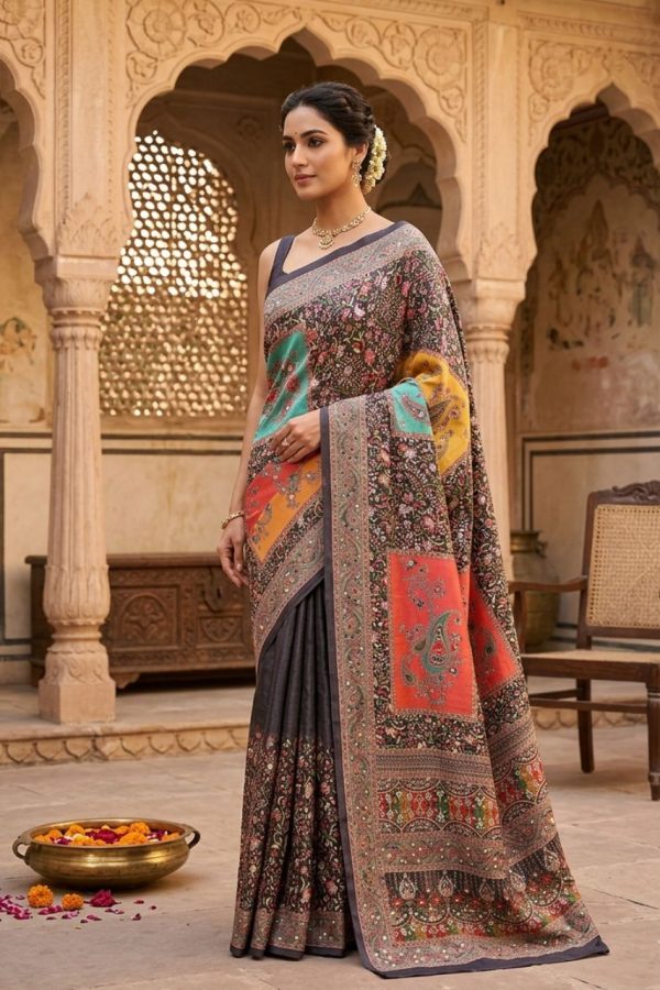 Black Color With Heavy Embroidery Work Silk Saree
