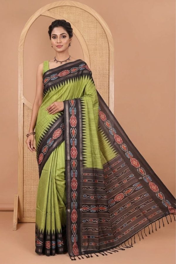 Olive Green Katan Silk With Ikkat Print Saree