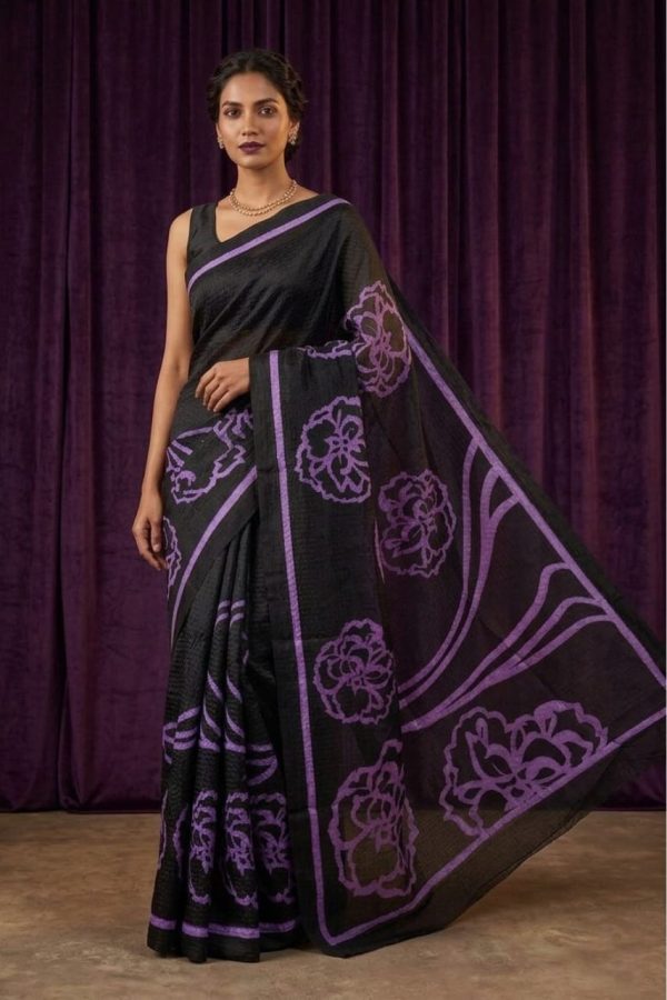Crushed Silk Black And Violet Saree With Floral Print