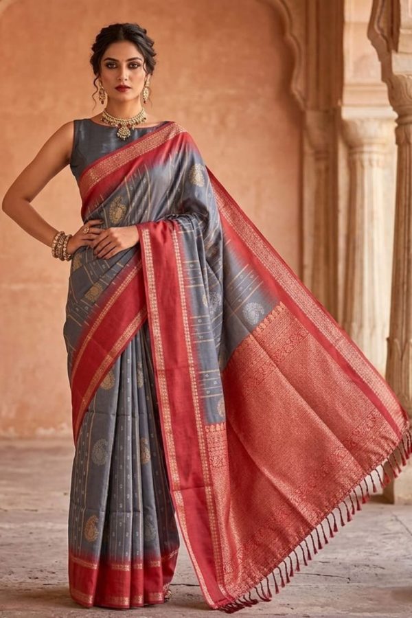 Grey Floral And Manga Print Silk Saree