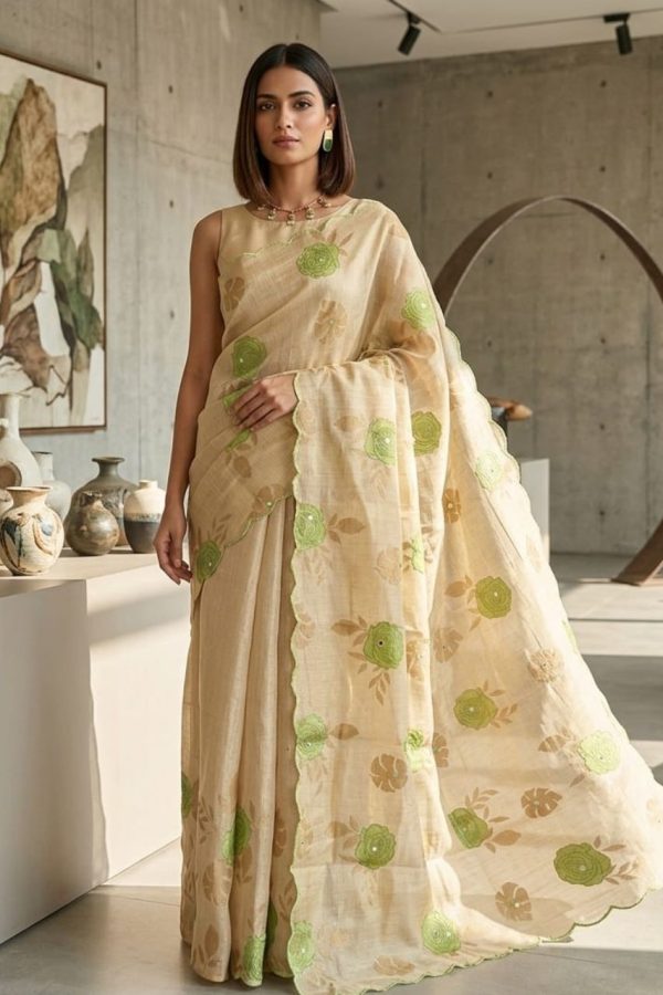 Green And Gold Tissue Silk Saree With Scallop