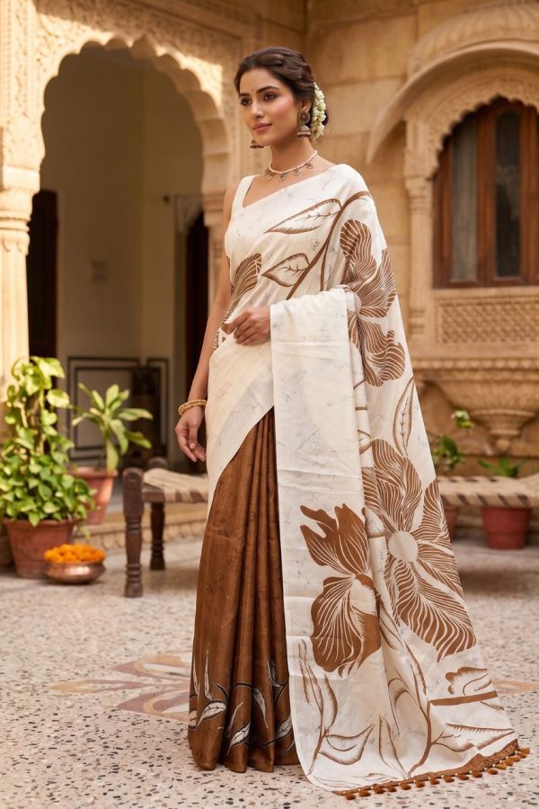 Borderless Half And Half Saree In Brown Color