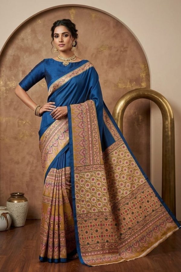 Blue Color Half And Half Printed Gajji Silk Saree