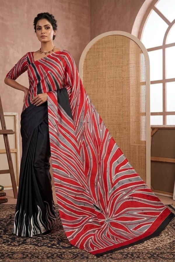 Modal Silk Black And Red Half And Half Saree