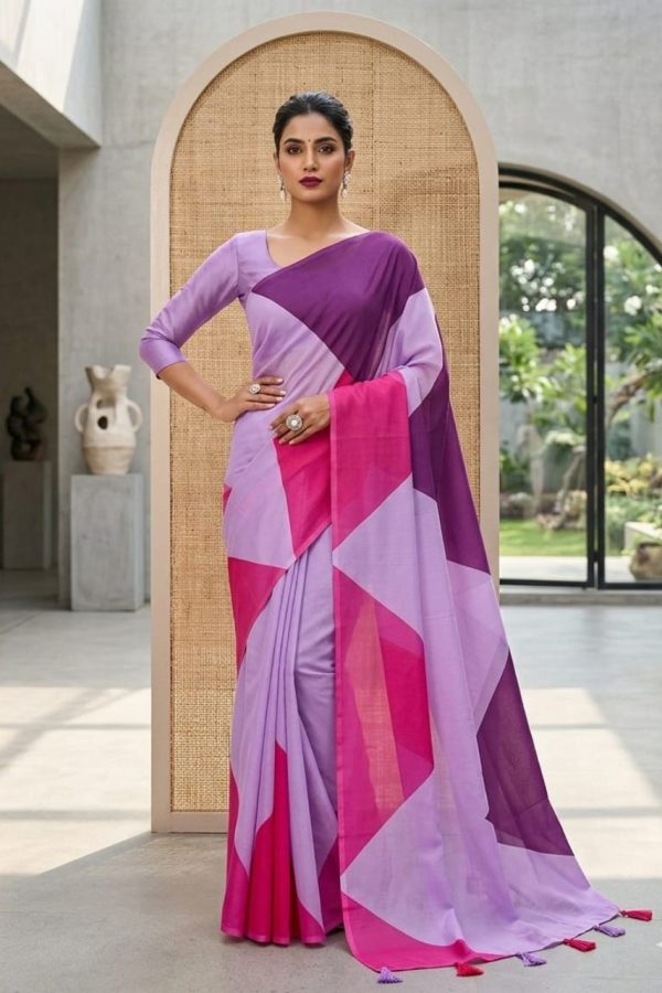 Borderless Lavender Plain Chiffon Saree With Tassels