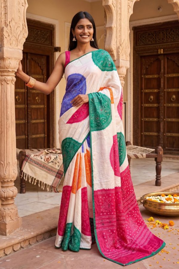 Multicolor Bandhani Print With Mirror Works Saree