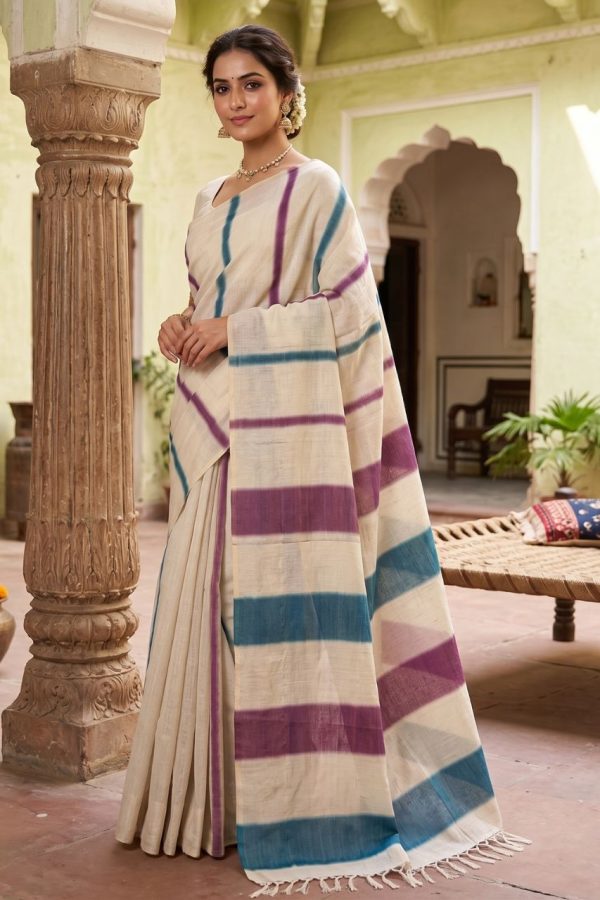 Purple And Blue Stripe Tissue Silk Saree