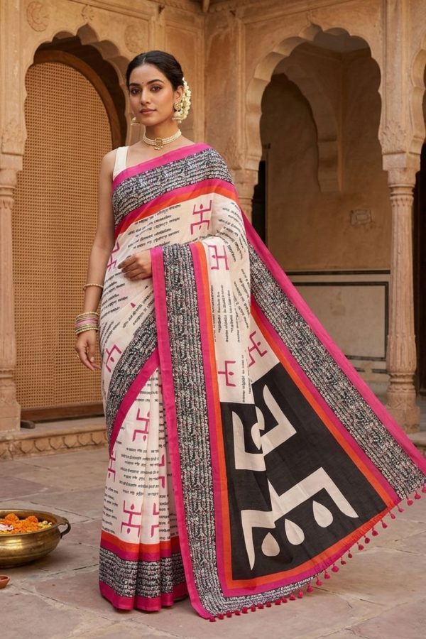 Pink Digital Print Silk Saree With Finished Tassels
