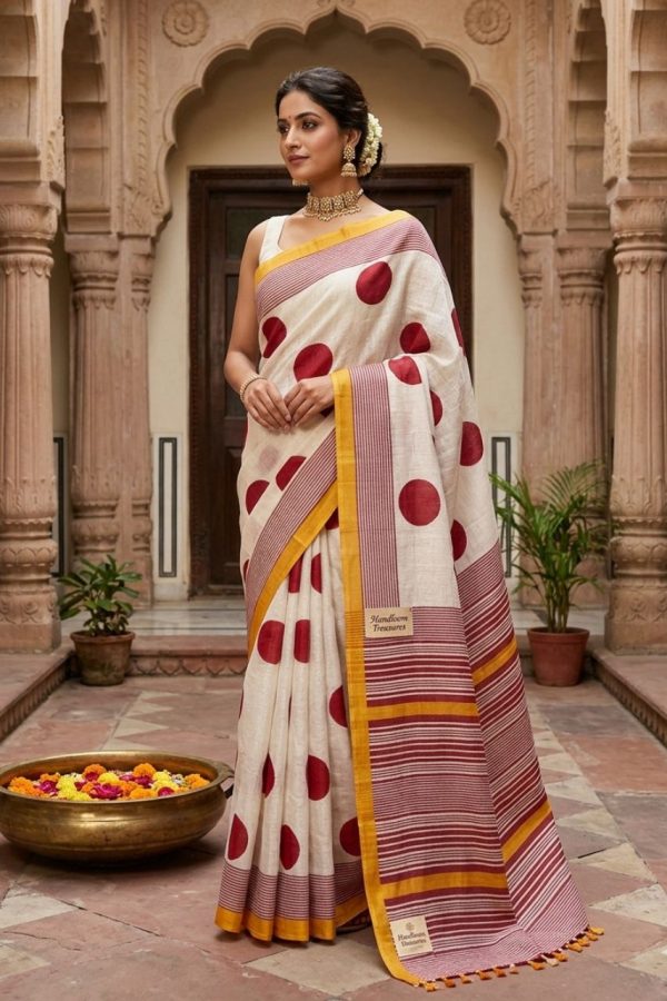 Off White Polka Dot Khadi Silk Saree With Stripes