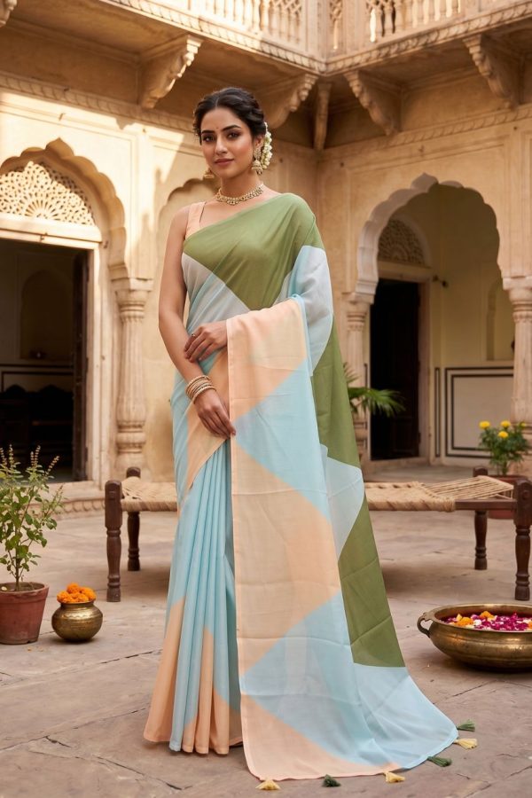 Multicolor Soft Chiffon Saree With Tassels