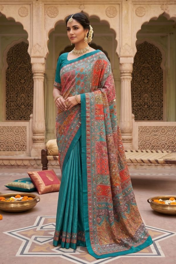 Teal Shade Embroidery And Mirror Work Saree