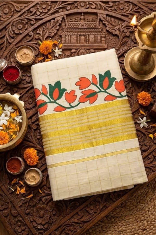Golden Tissue Set Saree In Orange Floral Print