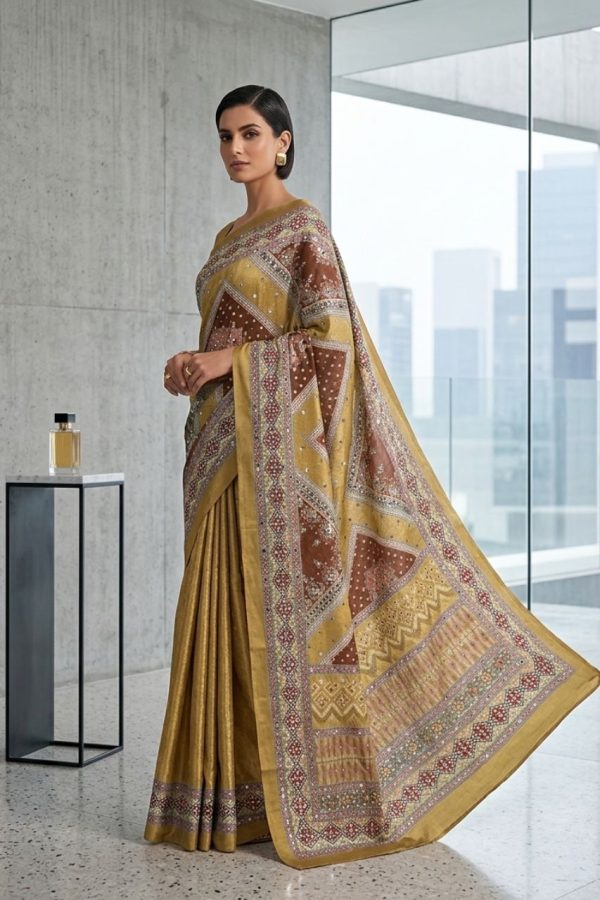 Mehendi Green Silk Saree With Multicolor Mirror Work