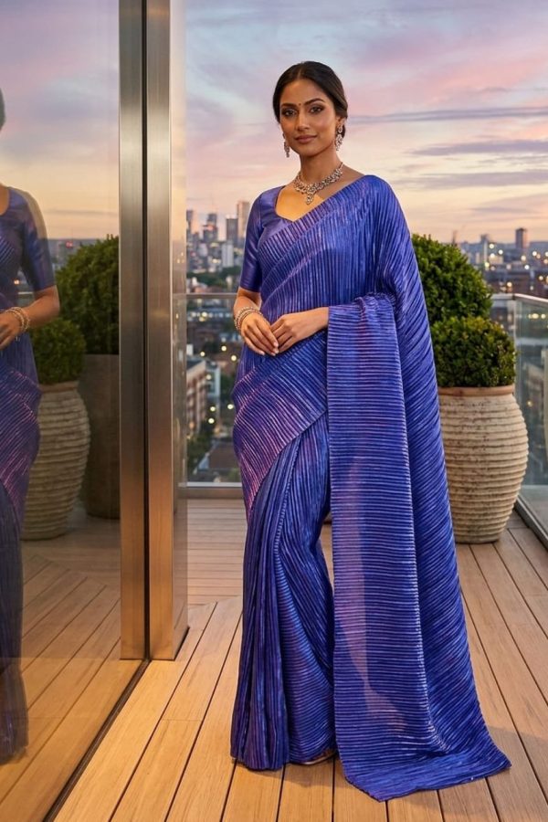 Navy Blue Satin Silk Saree With Unstitched Blouse