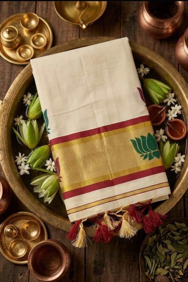 Golden Tissue Silk Saree With Lotus Digital Print With Tassels