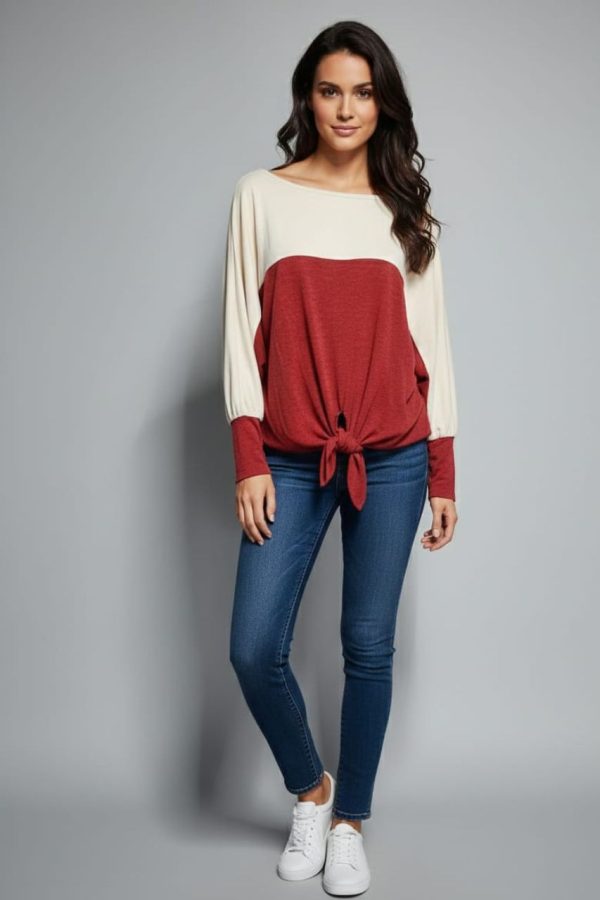 Red And Cream Tie Front Top