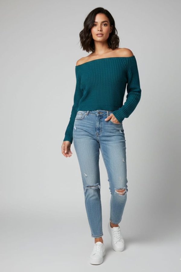 Teal Color Off Shoulder Sweater