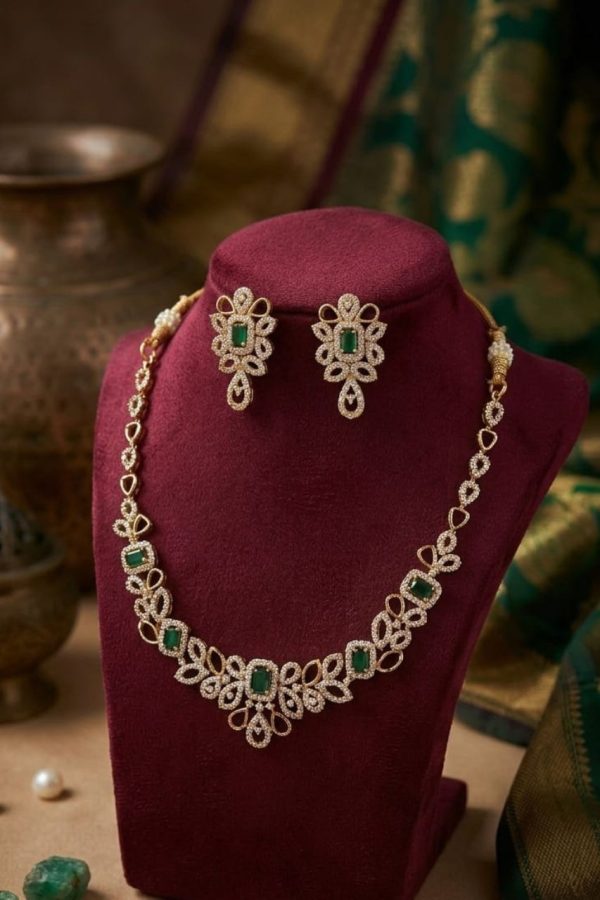 Emerald Green AD Stone Floral Design Necklace Set