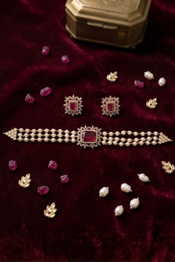 Ruby Stone Pearl Bead Choker Set With Earrings