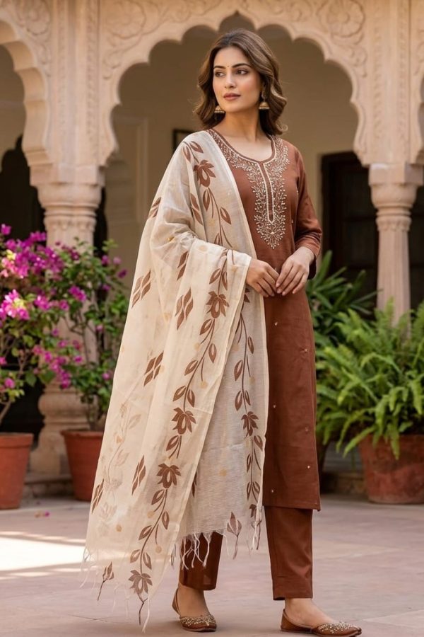 Coffee Brown Straight Cut Suit Set With Dupatta