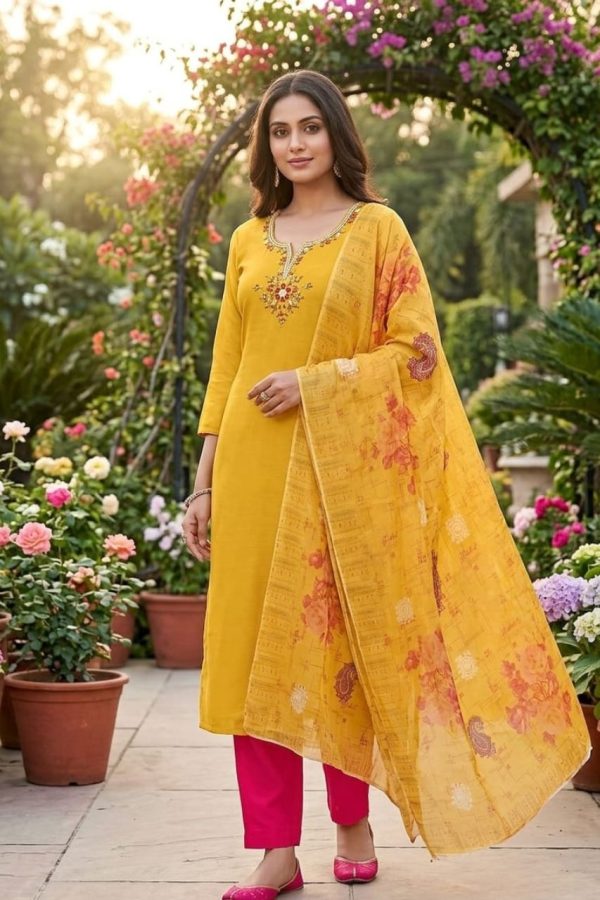 Mustard Yellow Silk Handwork Churidar Suit Set