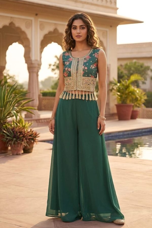 Sage Shade Floral Print Top Palazzo Set With Dupatta