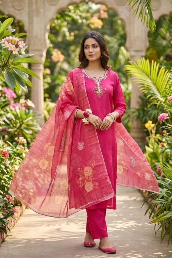 Rani Pink Soft Silk Suit with Floral Organza Dupatta