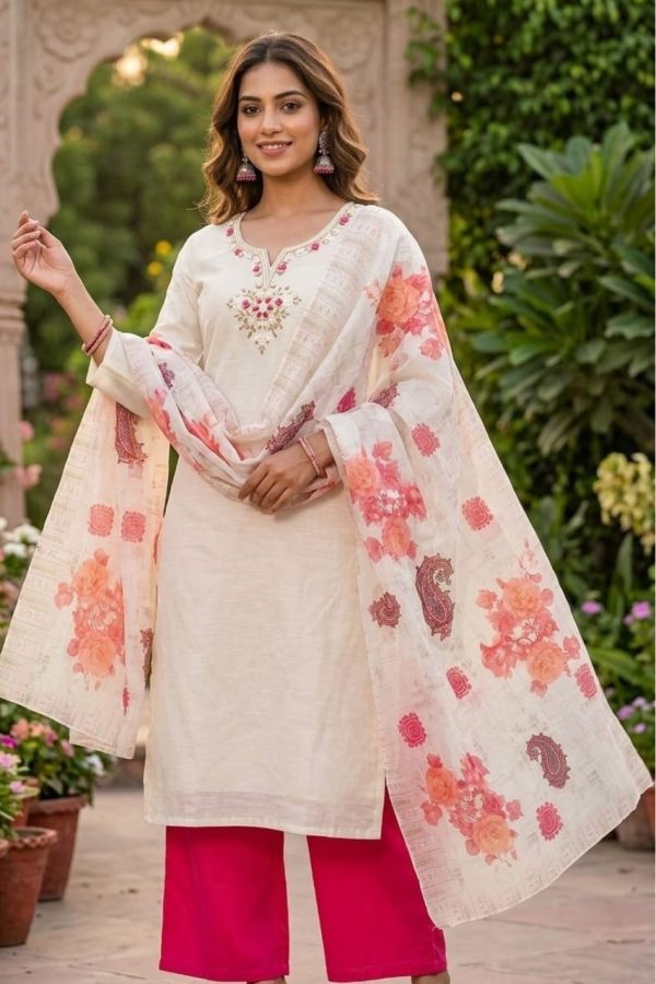 Ivory Soft Silk Churidar Suit with Floral Organza Dupatta