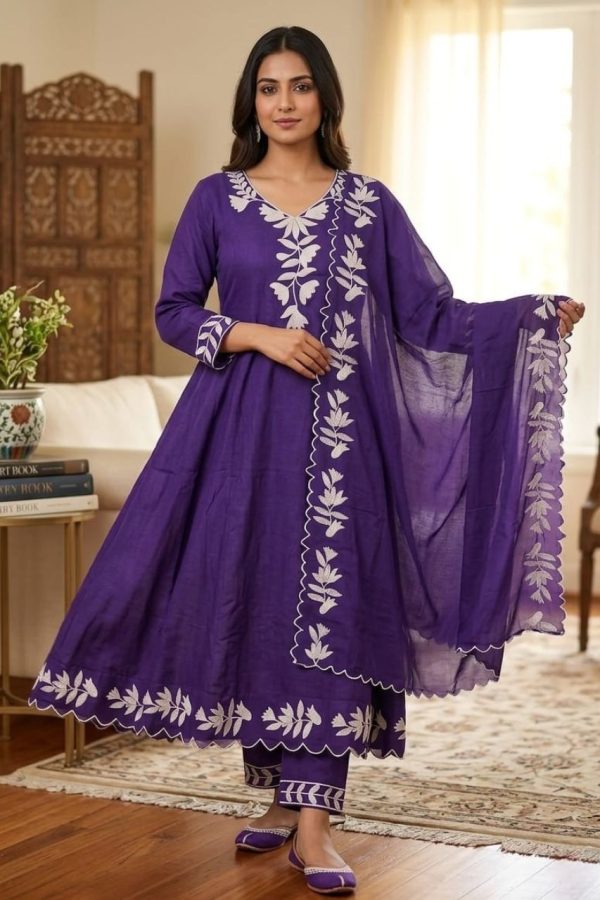 Purple Anarkali Suit Set with White Floral Embroidery