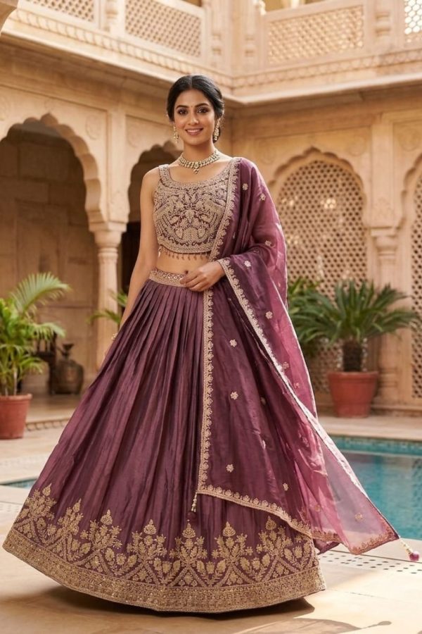 Plum Silk Embroidered Mirror Lehenga Set With Dupatta