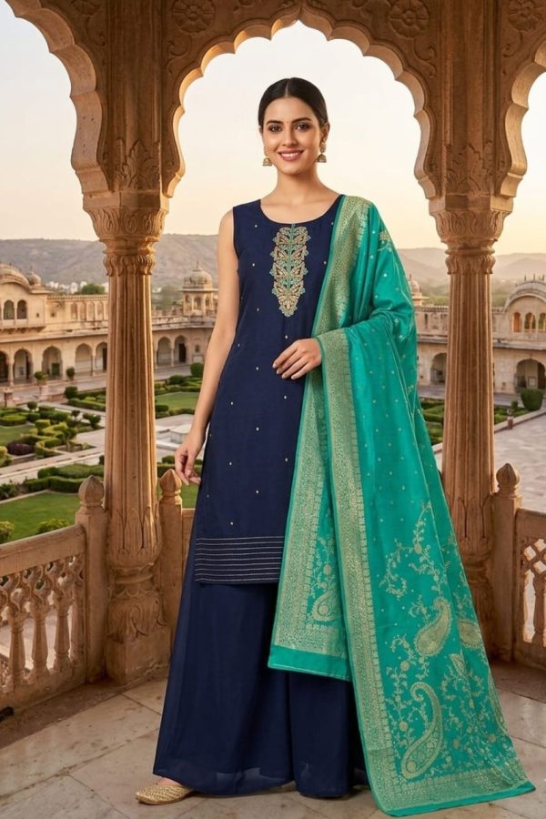 Navy Blue Palazzo Suit Set With Banarasi Dupatta