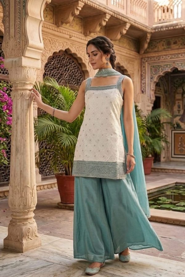 White Powder Blue Organza Embroidered Palazzo Suit Set