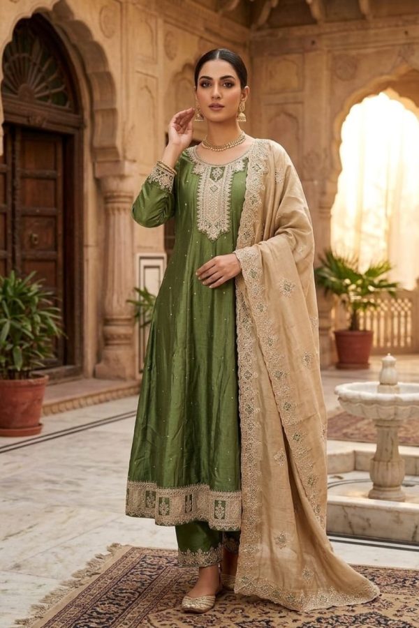 Forest Green Silk Anarkali Suit Set with Gold Embroidery