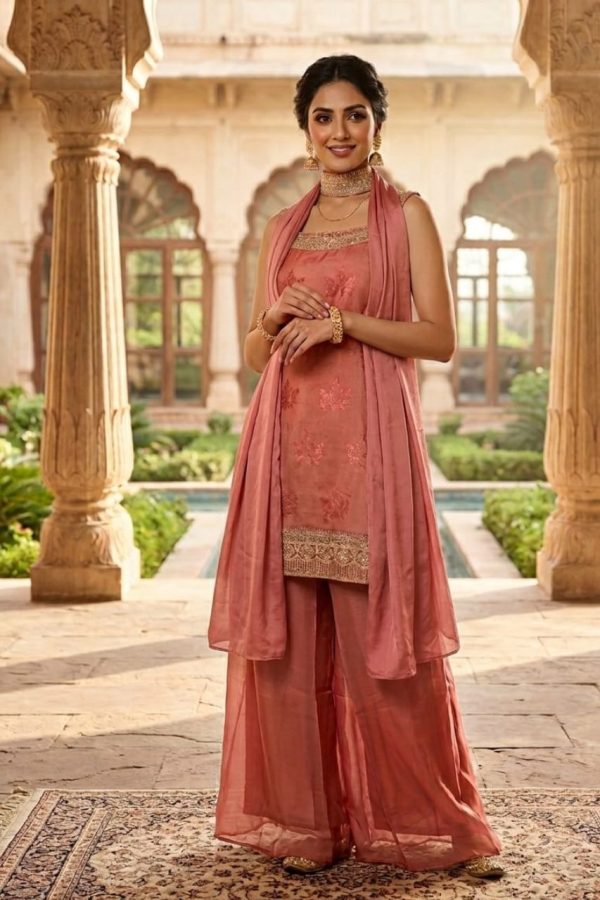 Dusty pink Embroidered Kurta Palazzo Set with Dupatta