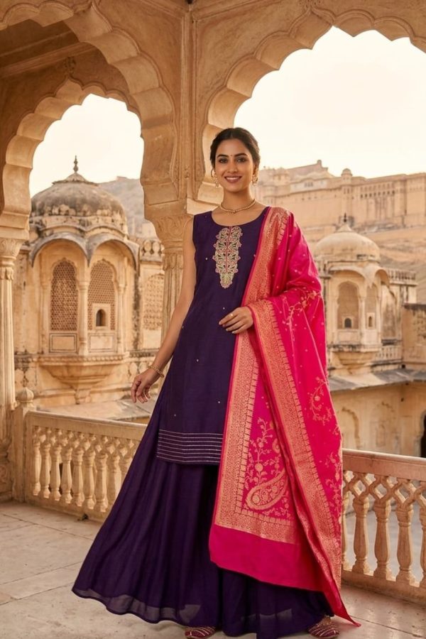 Wine Shade Palazzo Suit Set With Banarasi Dupatta