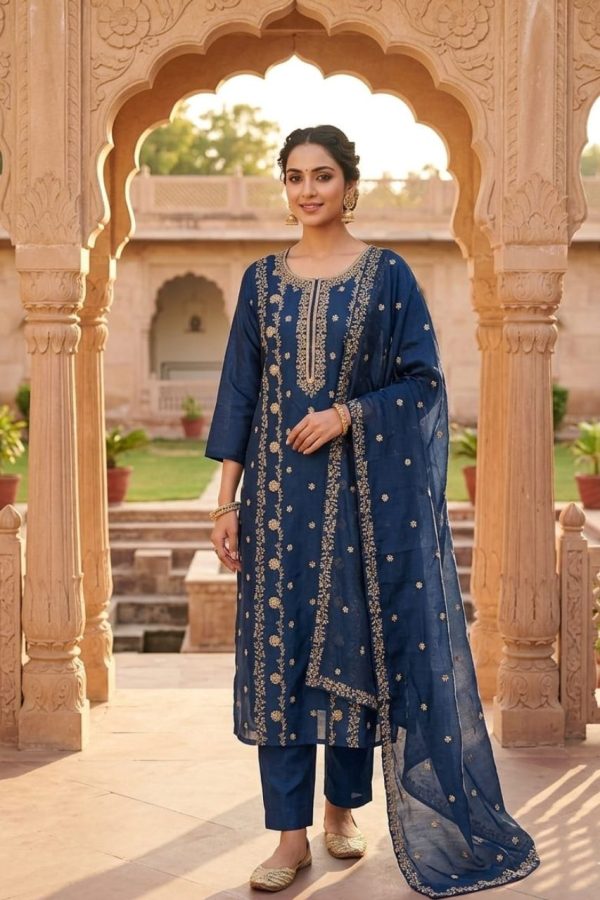 Soft Silk Embroidery Salwar Suit Set In Navy Blue Shade