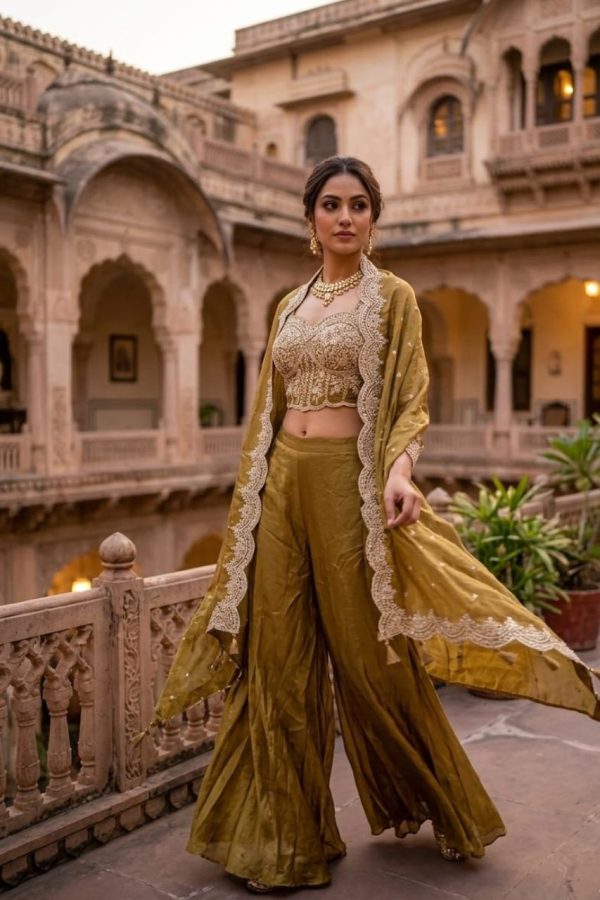 Olive Green Palazzo Set with Embroidered Crop Top & Dupatta