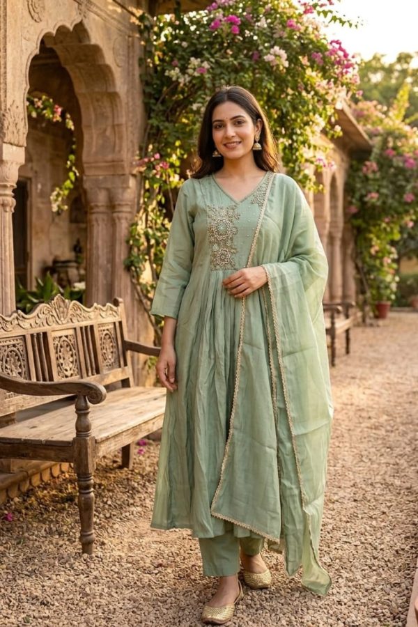 Pista Green Soft Chanderi Silk Anarkali Suit Set